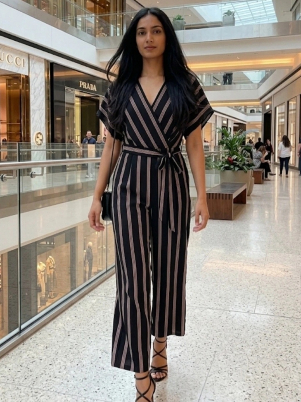 C EST 1946 Women's Striped Jumpsuit, Size M, Black, with Belt and Back Zipper